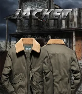 Military olive green jacket with thick khaki fleece collar and multi-pocket design