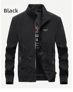 Detail of men's black stand collar jacket with Fashion Milano print and front zipper