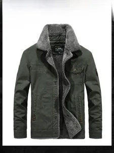 Detail of army green winter jacket featuring thick grey fleece lining and button closure
