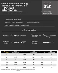 Detailed size chart for men's stand collar jacket with dimensions from M to 4XL