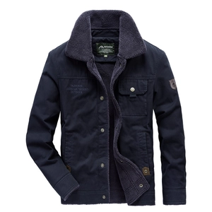 Men's navy blue fleece-lined outdoor jacket with warm thick collar and chest embroidery