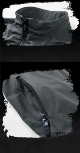 Detail of dark charcoal windbreaker jacket featuring stand collar and zipper pocket