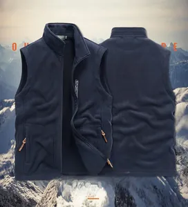 Front and back views of a navy fleece vest with a stand collar and zipped side pockets