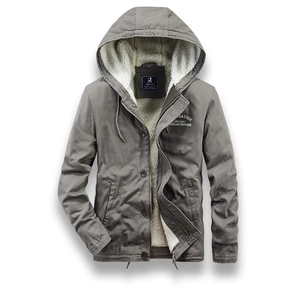 Detail view of men's winter hooded jacket with warm sherpa lining and zip closure