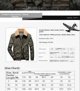 Detailed sizing chart for men's winter jacket with body measurements and fit index guide