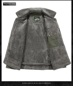 Detail view of winter military green jacket featuring warm grey fleece lining and inner pocket