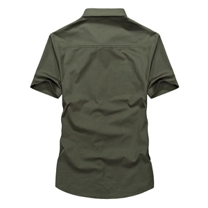 Classic men's short sleeve casual shirt in olive green with curved hem and back yoke