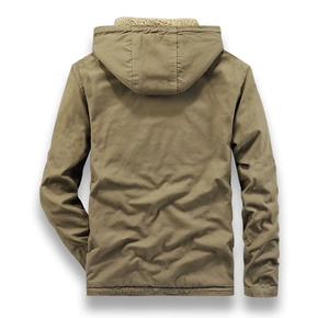 Rear view of men's khaki hooded jacket with warm beige sherpa lining and durable fabric