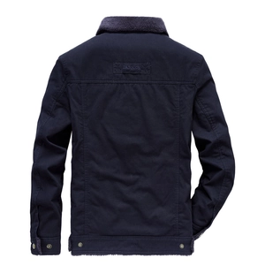 Navy men's winter jacket with warm fleece collar and FASHION back patch detail