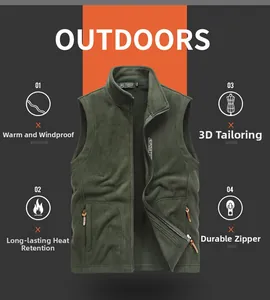 Detail view of military green fleece vest with stand collar and zipper pockets