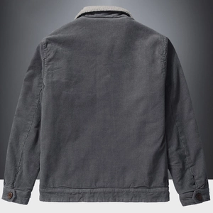 Men's dark grey corduroy winter jacket with white fleece collar, back view display