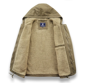 Detail of men's khaki hooded jacket with warm sherpa lining and metal zipper closure