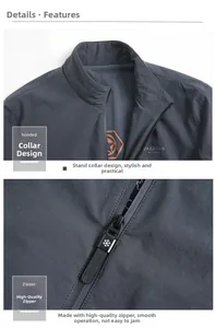 Detail of stand-up collar with mesh lining and waterproof zipper on grey jacket
