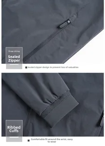 Detail of waterproof taped zipper pocket and elastic ribbed cuffs on a men's gray jacket