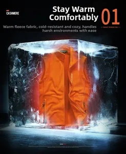 Macro shot of orange fleece vest frozen in ice showcasing extreme thermal insulation