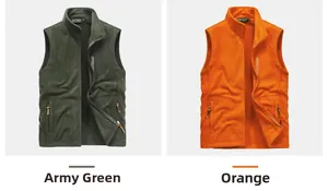 Detail view of polar fleece vests in army green and orange with zip pockets