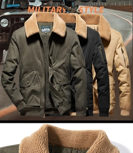 Detail of warm faux shearling collar on military style winter bomber jacket for men