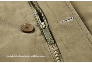 Detail of khaki jacket placket showing double closure with metal zipper and resin buttons