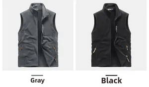 Detailed view of fleece vest pockets and SPORT embroidery in grey and black
