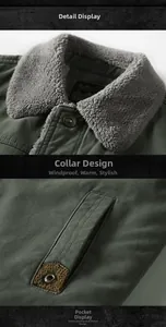 Detailed view of winter military green jacket with fleece collar and durable button pocket