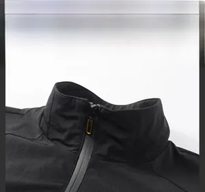 Detailed close-up of a men's black stand-collar jacket featuring a smooth zipper with orange accents