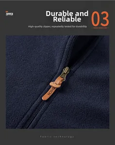 Detail of durable metal zipper with fashion leather pull on navy fleece vest