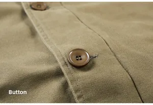 Close-up of durable canvas fabric and premium urea buttons on men's winter work jacket