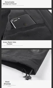 Detail of detachable hood, inner pocket for phone, and adjustable drawstring hem on jacket