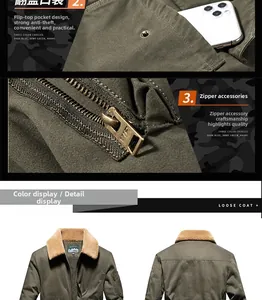 Detail of army green work jacket featuring fleece collar, metal zipper, and flap pockets