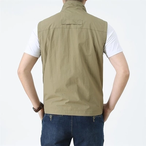 Men's outdoor leisure vest in khaki with a stand-up collar, back view on a model