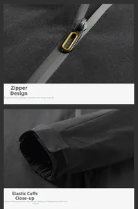 Detail of waterproof glued zipper and adjustable velcro elastic cuffs on black jacket