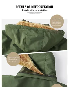 Détail de la veste vert armée avec capuche amovible et doublure polaire chaude