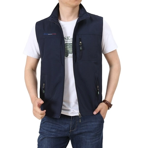 Men's navy blue outdoor casual vest with stand collar and zipper pockets for fishing