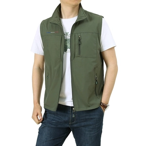 Men's outdoor olive green casual vest with stand collar and multiple functional pockets