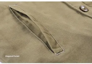 Macro shot of slanted pocket on khaki canvas jacket with button detail and stitching