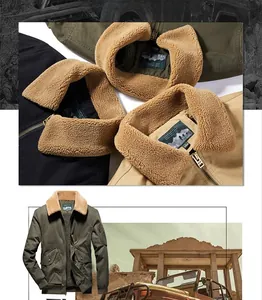 Detail of warm sherpa collar and metallic VIP zipper on men's winter cargo jacket