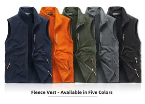 Detail view of five polar fleece vests in various colors with stand collar and sport logo
