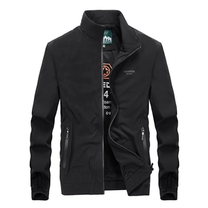 Men's minimalist black windbreaker jacket with quick-dry stretch fabric and stand collar