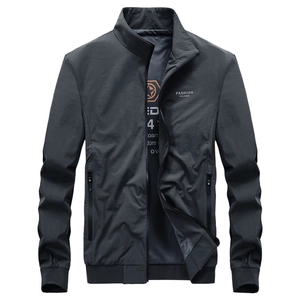 Dark grey men's stand collar casual jacket with front zipper and ribbed cuffs