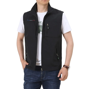 Men's outdoor utility vest with stand collar and zipper pockets in black finish