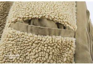 Detail of khaki jacket showing warm sherpa fleece lining and functional inner patch pocket