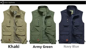 Mens multi-pocket outdoor fishing vest showing khaki, army green, and navy color options
