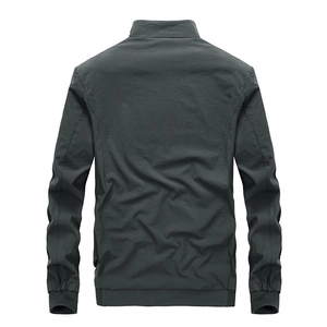 Men's dark gray quick-dry windbreaker jacket with standing collar, back view on white background