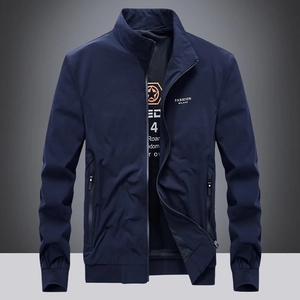 Men's dark blue casual stand collar jacket with front zipper and Fashion Milano print