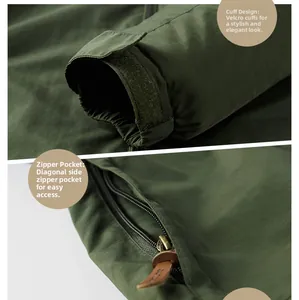 Détails des poignets velcro réglables et des poches zippées sur la veste vert foncé