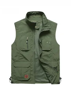 Army green outdoor utility vest with multi-pocket design and breathable mesh lining