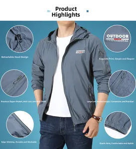 Détails de la veste solaire légère pour homme montrant capuche réglable et poches