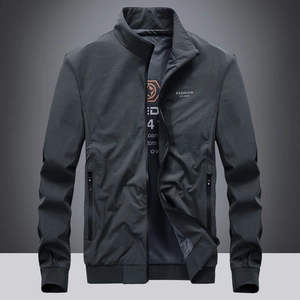 Men's dark grey slim fit casual jacket with stand collar and Fashion Milano print