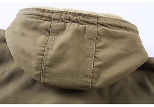Detail of tan canvas hood with warm fleece lining and reinforced triple stitching