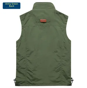 Rear view of army green fishing vest featuring classic leather patch and drawstrings